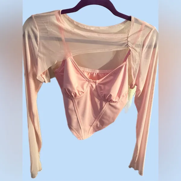 Pink Cut-Out Meladyan Women’s Sexy Long Sleeve Mesh Cover Corset Cami 2piece Top - Image 4