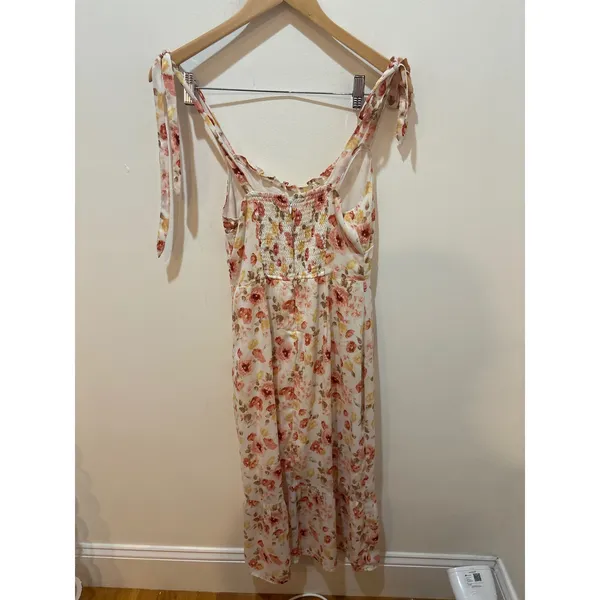 Abercrombie & Fitch Floral Tie-Shoulder Midi Dress White Peach XS Smocked Back‎ - Image 3