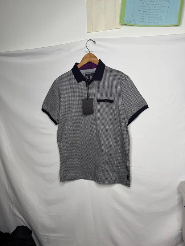 NWT Ted Baker Designer collared contrast jacquard blue polo shirt Lg - Image 3