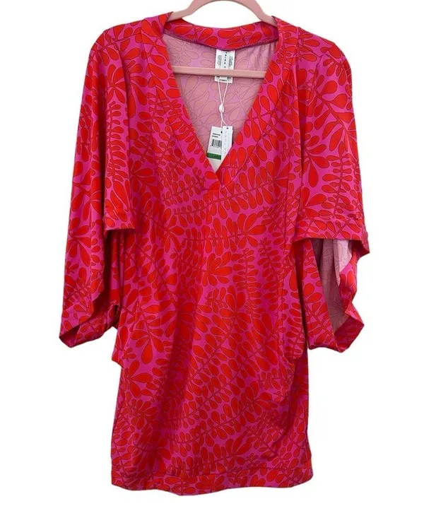 Trina Turk Pink Orange Print Stretch Swim Vneck Popover Coverup L - Image 4