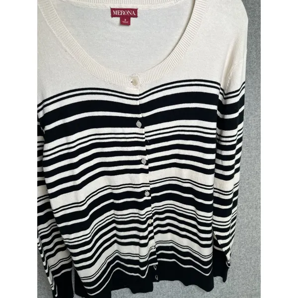 Merona Size 2 Womens Cardigan Sweater‎ Striped Long Sleeve Button Cream Black - Image 2
