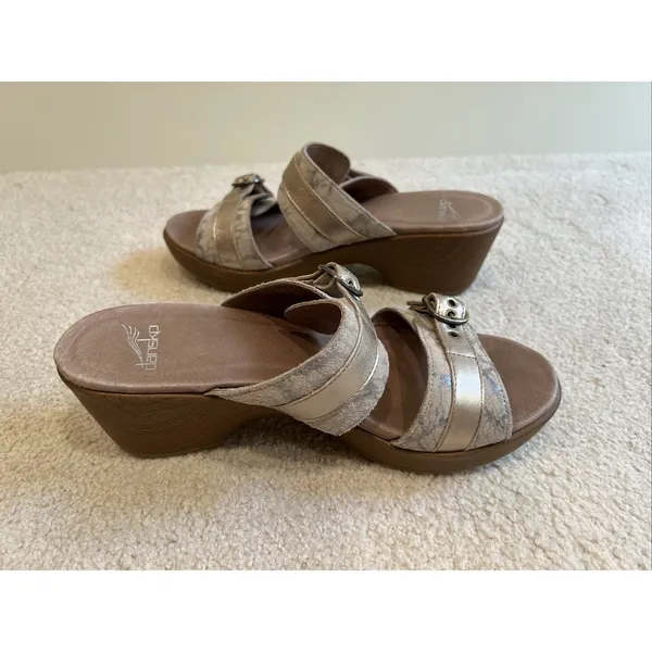 Dansko Jessie Sandals Double Strap Clogs Size 39‎ US 8.5 9 Gold & Beige Marbled - Image 4
