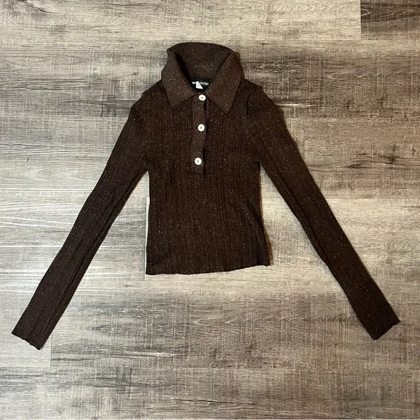 URBAN OUTFITTERS Chocolate Ribbed Henley Top - Image 3