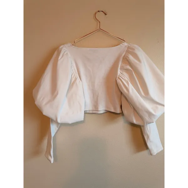 Zara Cropped Top Women S White Puff Sleeve Cutout‎ Ribbed Knit Statement Blouse - Image 6
