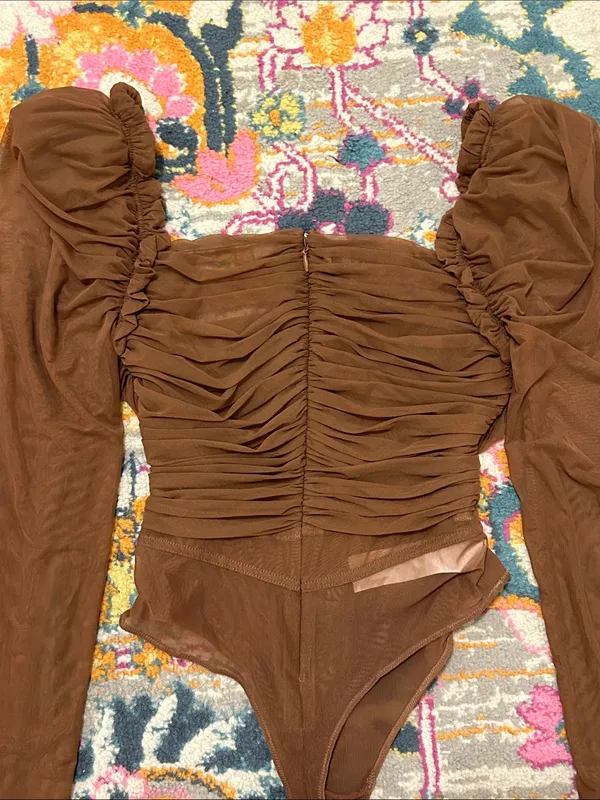 House Of CB Emme Mocha Ruched Chiffon Puff Sleeve Bodysuit Top Size Large - Image 12