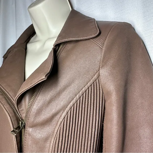 My Tribe Leather Moto Jacket Brown Full Zip Asymmetric Hem Biker Rocker XS Y2K - Image 5