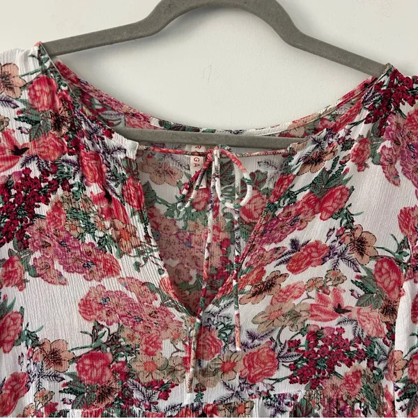 Anthropologie RAGA Pink Red Rose Floral Long Sleeve Tie Neck Boho Maxi Flowy Dress M - Image 3