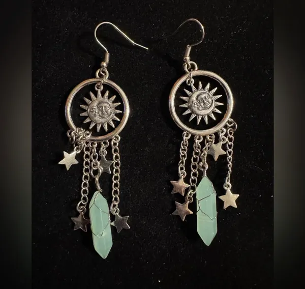 Celestial Moon Sun Star Chandelier Silver Tone Faux Crystal Dangle Earrings - Image 3