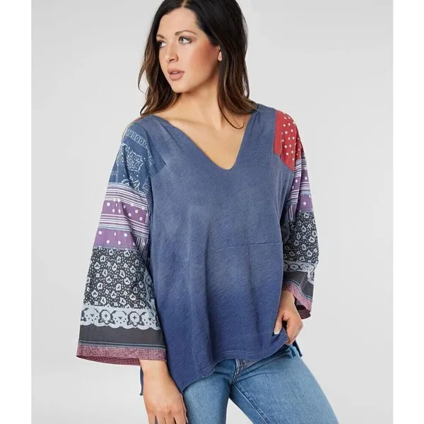 ✨FREE PEOPLE Shibuya Boho Sz Large Denim Patchwork Top✨ - Image 6
