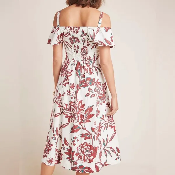 Anthropologie Cream & Red Floral Oahu Off The Shoulder Midi Dress Size 6 - Image 7