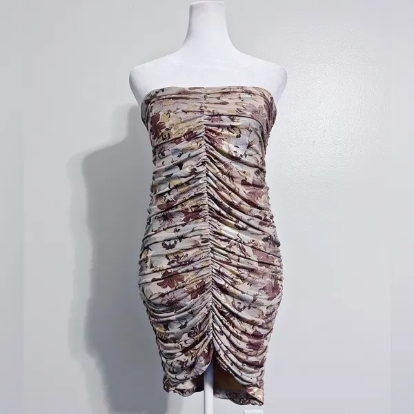 NBD Strapless Floral Foil Ruched Mini Dress - Image 3