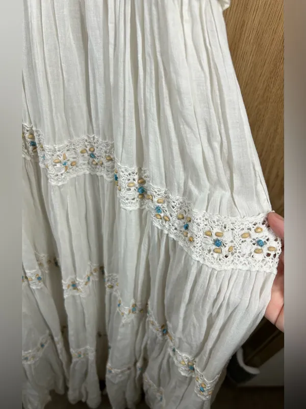 Source Unknown Bohemian Size S Smocked Bodice Lace W/Bead Embellishment Layered Maxi Dress - Image 3