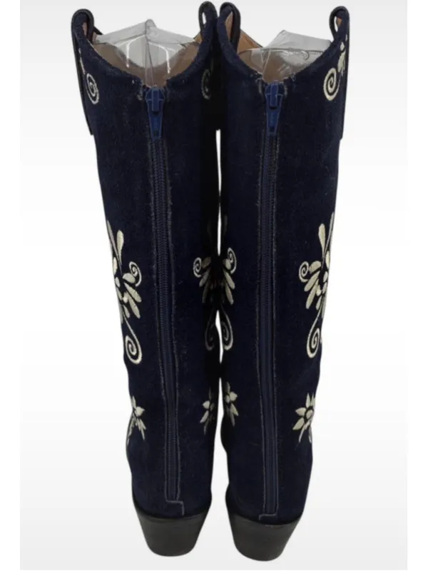 Women's Agave Sky Western Heeled Boots Navy White Embroidered Size 7 Boho Glam - Image 7