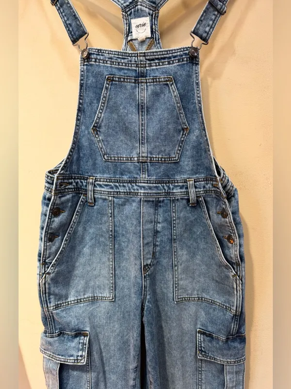 Aerie Baggy Cargo Denim Wide Leg Overalls Medium Wash Adjustable Straps - Image 2