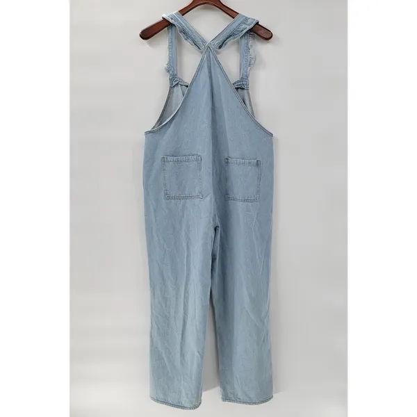 Polagram Overall Button Up Denim Jumpsuit Womens L Blue Light Wash Ruffle Straps - Image 3
