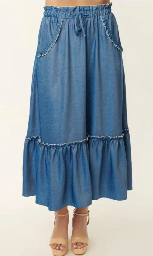 Unique Vintage NWT 1970s Chambray Ruffle Tiered Midi Skirt X-SMALL - Image 4