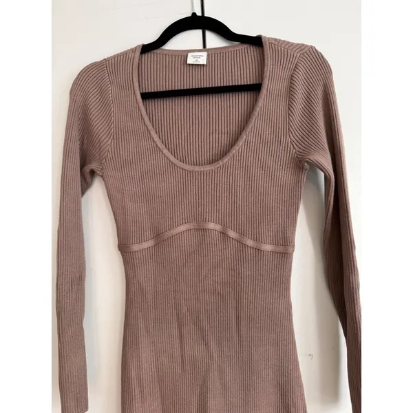 Abercrombie &‎ Fitch Ribbed Scoop Neck Mini Dress Mauve Brown Long Sleeve MP - Image 3