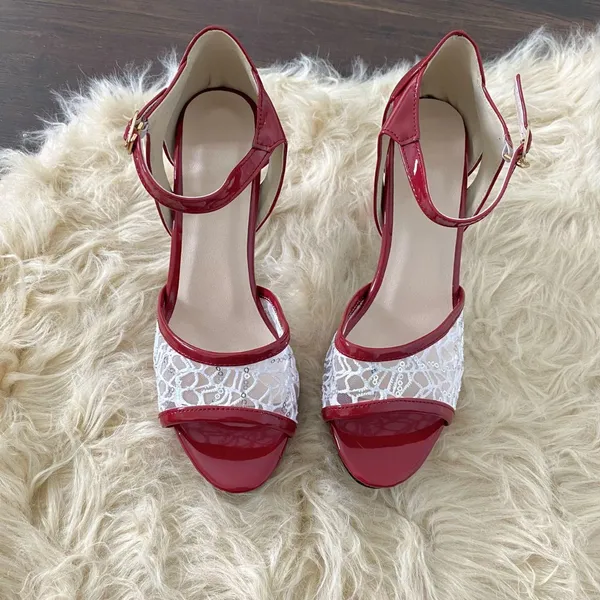 New Brooklyn Ridge Preppy Coquette Red White Lace Strappy High Heels US 7 - Image 3