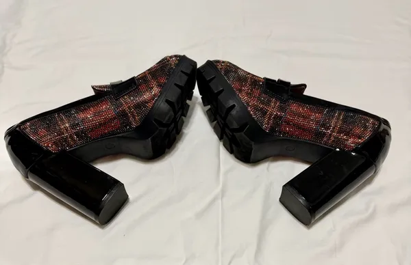 Betsey Johnson Adelyn Rhinestone Plaid Loafer Platform Heels - Image 8