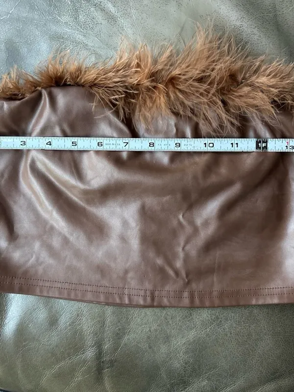 SHEIN Brown Faux Leather Feather-Trim Crop Top - Image 6