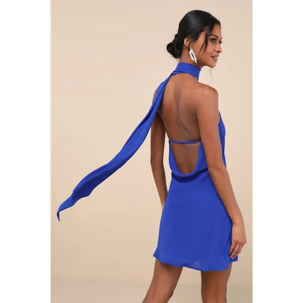 NWT Lulus Isloda Blue One-Shoulder Backless Sash Mini Dress Party Cocktail Sz S - Image 3