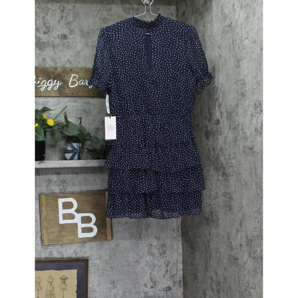NWT Crystal Doll Short Puff Sleeved Sheer Fit Flare Dress Navy Blue / White L - Image 7