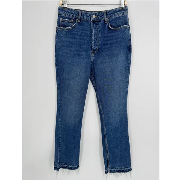Free People Emmy Split Hem Boot Cut Jeans Size 31 Blue High Rise Raw Hem Boho - Image 4