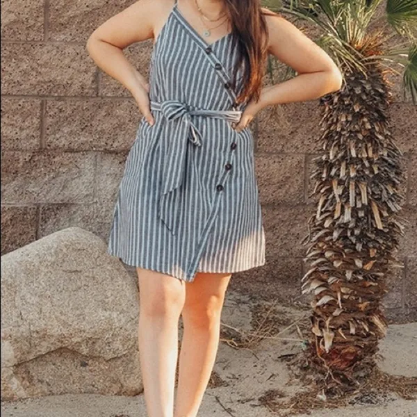 ✨ Button Detail Self Belted Overlap Striped Dress✨ Gray Size L - Image 5