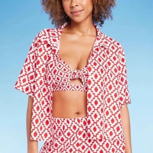 Shade & Shore™ Cropped Button-Up Short Sleeve Cover Up Top - Size XL - Red - NWT - Image 4