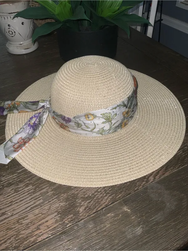 Adrienne Vittadini Beige Straw Sun Hat with Sparkly Floral Scarf - Image 5