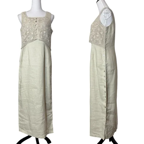Vintage Y2K 100% Linen Maxi Dress Size 8 Crochet Button Up Fairy Coastal Boho - Image 9