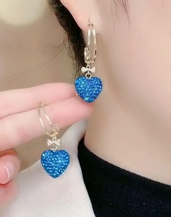 Women's Blue Diamond Love Heart Dangle Drop Earrings - Image 7