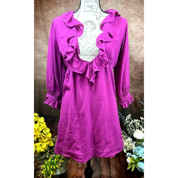Free People Ruffled Collar 3/4 Sleeves Deep V Front Morning Light Mini Dress XS - Image 3