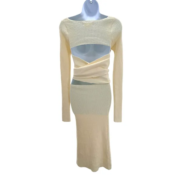The Line by K Kane Knit Midi Dress Cream M Cutout Back Tied Waist Wrap V Neck - Image 6