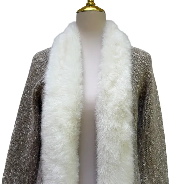 Donna Salyers Fabulous-Furs Cardigan S Tan Cream Faux Fur Trim Mob Wife Textures - Image 2