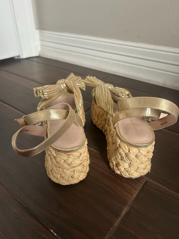 Loeffler Randall Gold Bow Pleated Espadrille Wedge Sandals Ankle Strap - Image 5