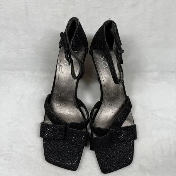 Franco Sarto Black Glitter Square Toe Strappy Ankle‎ Strap Sandals Heels 7.5 - Image 3