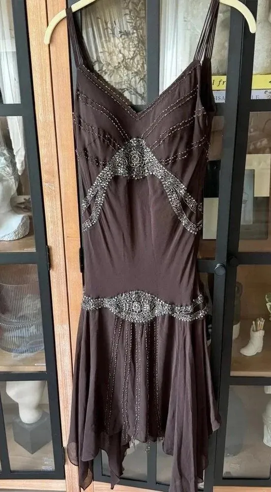 Vintage silk dress beaded Y2K embroidered 90s fairy nocturne chocolate - Image 4