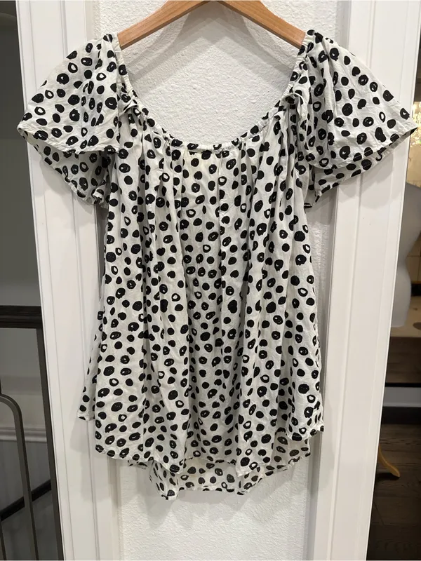 Maeve Anthropologie Polka Dot Peasant Blouse Medium Black White Puff Sleeve Top - Image 7