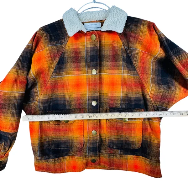 Urban Outfitters Plaid Jacket Sherpa Collar Button Front Orange Black XS‎ Grunge - Image 6