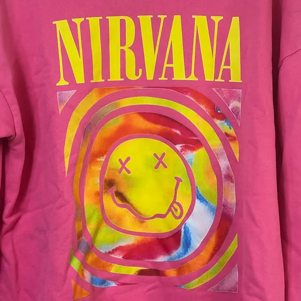 Nirvana Pink Graphic Sweatshirt Smiley Face Tie Dye Logo Cotton Pullover Large - Image 3