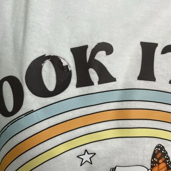 "TAKE A LOOK IT'S IN A BOOK" reading rainbow butterfly tee shirt size large FLAW - Image 4