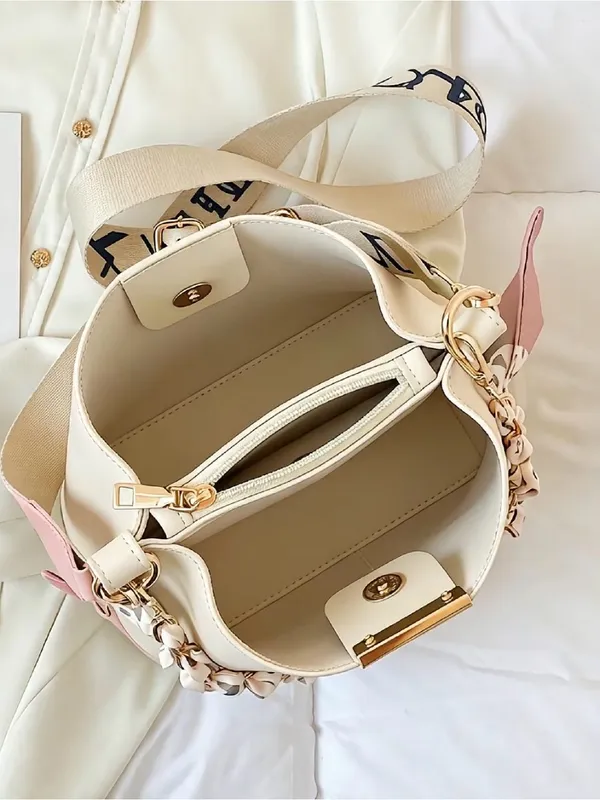 Beige and Pink Women’s Shoulder Bag with Braided Scarf Detail - Image 5