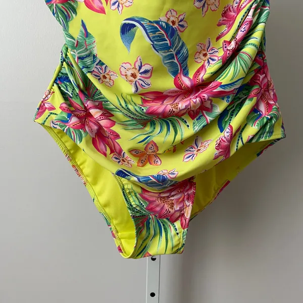 Caribbean Joe L Yellow One Piece‎ Swimsuit Floral Tropical Ruched Swimwear - Image 3