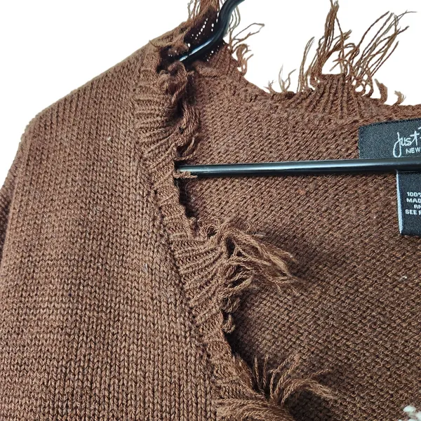 Just Polly New York Brown Daisy Floral Knit Frayed Hem Pullover Sweater Large - Image 4