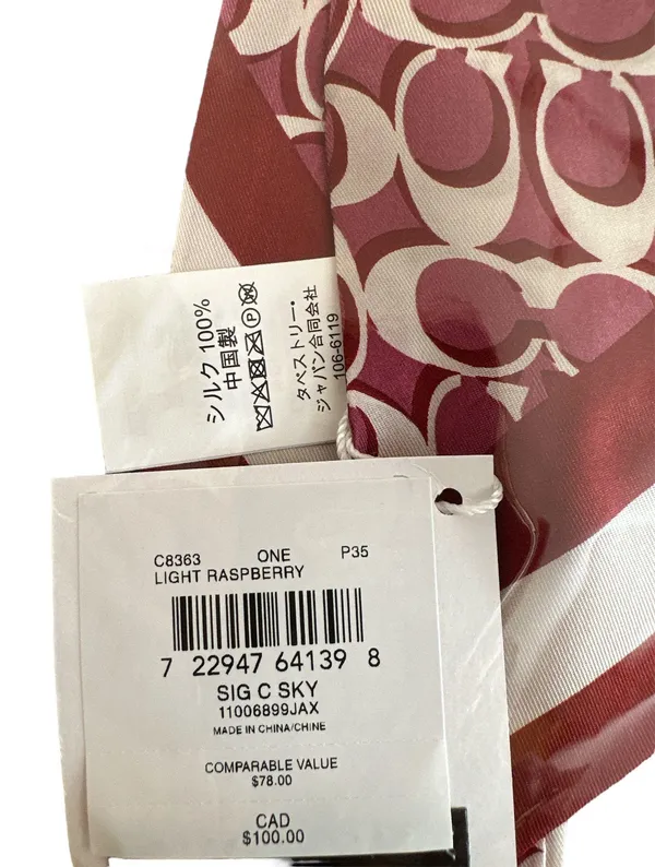 Coach NWT Signature Print Silk Skinny Scarf Light Raspberry - Image 4