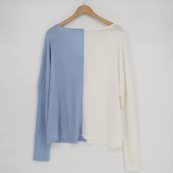 Shein Sweater Womens Large White Blue Knit Stretch Long Sleeve V-Neck Pullover - Image 5