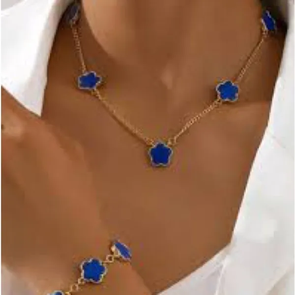 18K Gold Plated blue clover necklace set Jewelry womens - Image 2