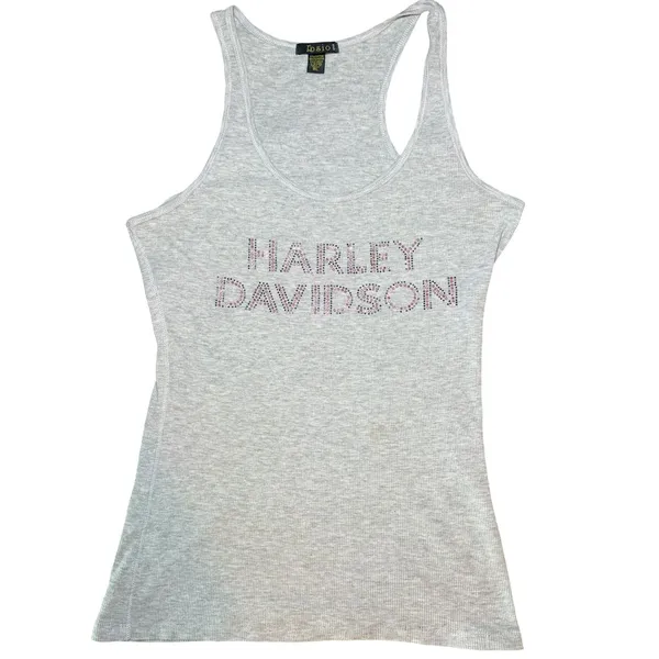 Harley Davidson Tank Top Womens 1XL Gray Rhinestone Logo Racerback Y2K - Image 7