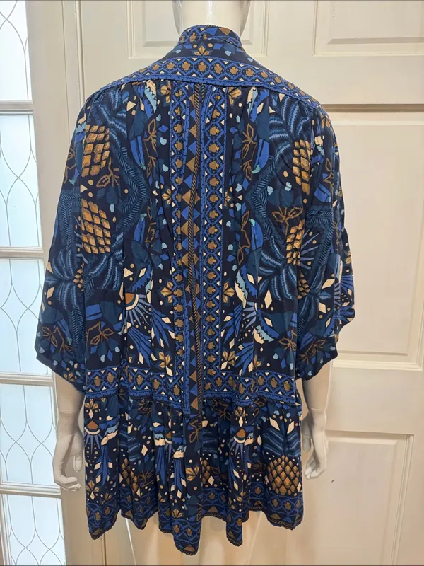 Farm Rio Tropical Magic Blue Patterned Tie-Neck Women’s Dress Size Medium - Image 10